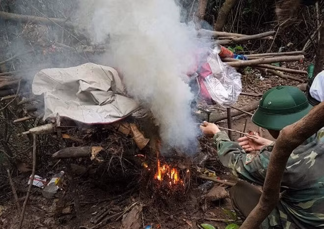Lực lượng chức năng tiêu hủy bẫy rừng. Ảnh: H. Dương.