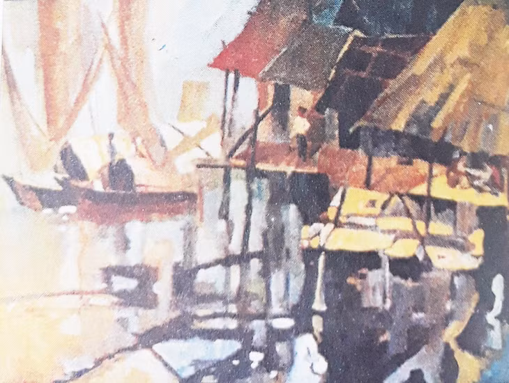 Xóm chài- Tranh sơn dầu do họa sĩ Lê Chuyền sáng tác năm 1997.