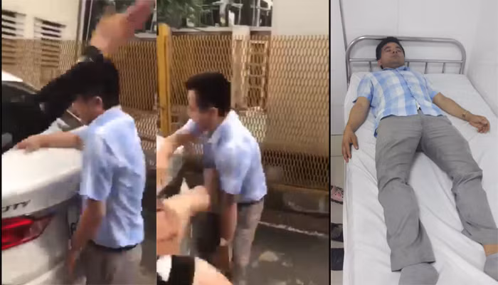 Anh T.A nhập viện để chụp chiếu sau khi bị nữ học viên và bạn của người này đánh.
