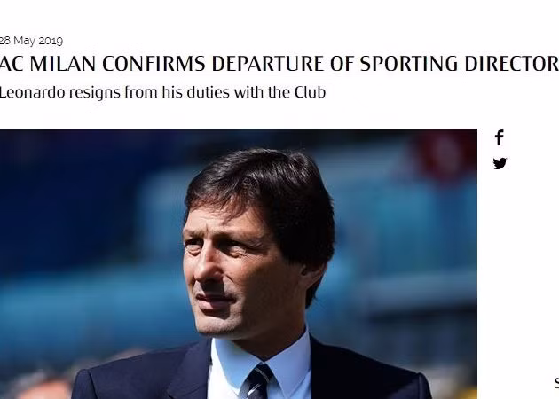  Thông báo chia tay Leonardo được website chính thức của AC Milan xác nhận.