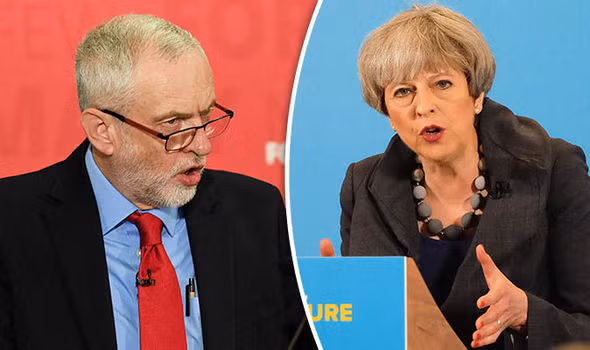 Thủ tướng May (bên phải) và thủ lĩnh đối lập Corbyn. Ảnh: Daily Express.