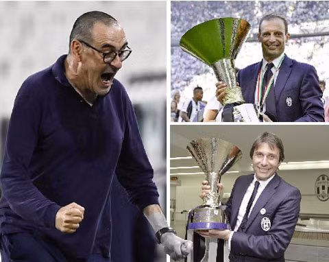 10 Scudetto gần nhất đều thuộc HLV người Ý gồm Sarri (1), Allegri (6, ảnh nhỏ trên) và Conte (3, ảnh dưới).