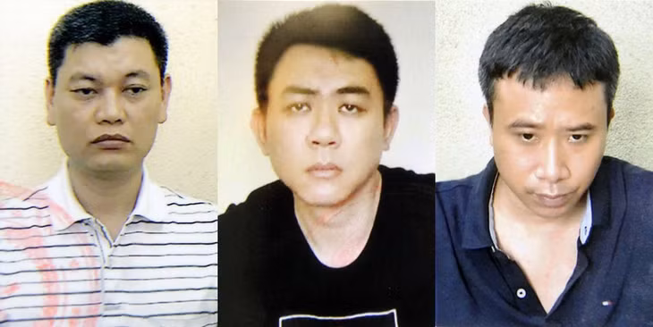 Từ trái sang: Bị can Nguyễn Anh Ngọc, Nguyễn Hoàng Trung, Phạm Quang Dũng.