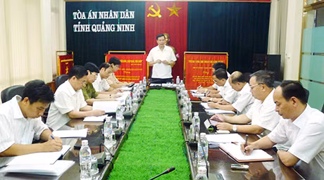 Đồng chí Nguyễn Đức Long, Phó Bí thư Tỉnh uỷ, Chủ tịch HĐND tỉnh, phát biểu tại buổi làm việc với Ban Cán sự Đảng TAND tỉnh về kiểm điểm giữa nhiệm kỳ thực hiện nghị quyết đại hội đảng các cấp nhiệm kỳ 2010-2015.