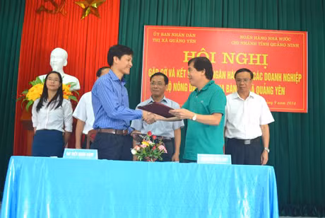 Các doanh nghiệp và ngân hàng trên địa bàn TX Quảng Yên ký hợp đồng vay vốn.