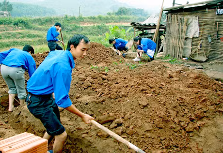 Đoàn TN Dân Chính Đảng tỉnh góp công giúp các hộ nghèo huyện Bình Liêu xây dựng nhà ở.