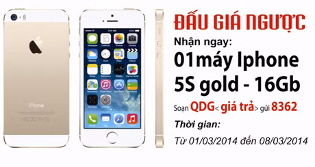 Để chào mừng Ngày Quốc tế phụ nữ 8-3, từ ngày 1-3 đến 8-3, Viettel Quảng Ninh tổ chức chương trình đấu giá ngược dành cho tất cả các khách hàng sử dụng mạng Viettel (khách hàng nhận được tin nhắn). Giải thưởng là 1 chiếc điện thoại Iphone 5S gold-16Gb trị giá 15.799.000 đồng.