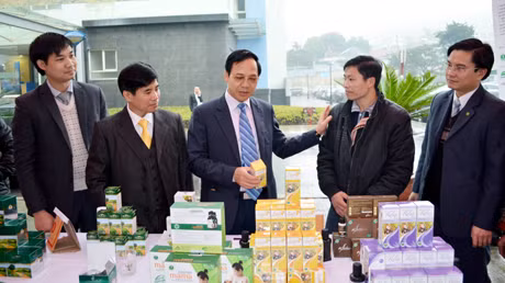 Đồng chí Đặng Huy hậu, Phó Chủ tịch UBND tỉnh tham quan gian hàng của Công ty CP kinh doanh các sản phẩm bản địa Sa Pa.