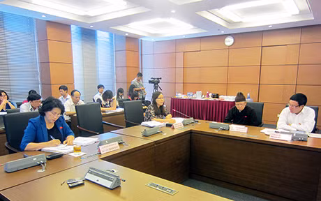 Đ/c Ngô Thị Minh, Phó Chủ nhiệm Ủy ban Văn hóa, Giáo dục, Thanh niên, Thiếu niên và Nhi đồng của Quốc hội tham gia phát biểu thảo luận tại tổ