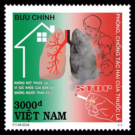 Cận cảnh bộ tem cảnh báo tác hại của thuốc lá. (Nguồn: VietnamPost)