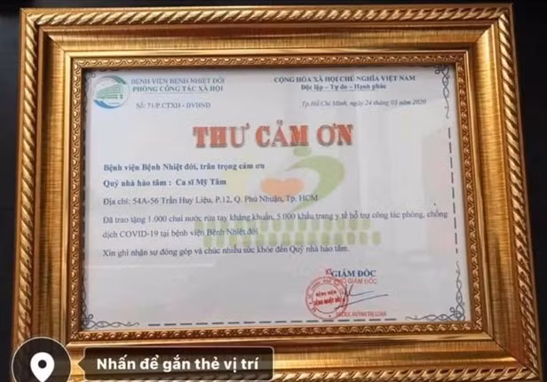 Hình ảnh Thư cảm ơn của Bệnh viện Bệnh Nhiệt đới tặng ca sĩ Mỹ Tâm bất ngờ được hé lộ. Ảnh: T. L.
