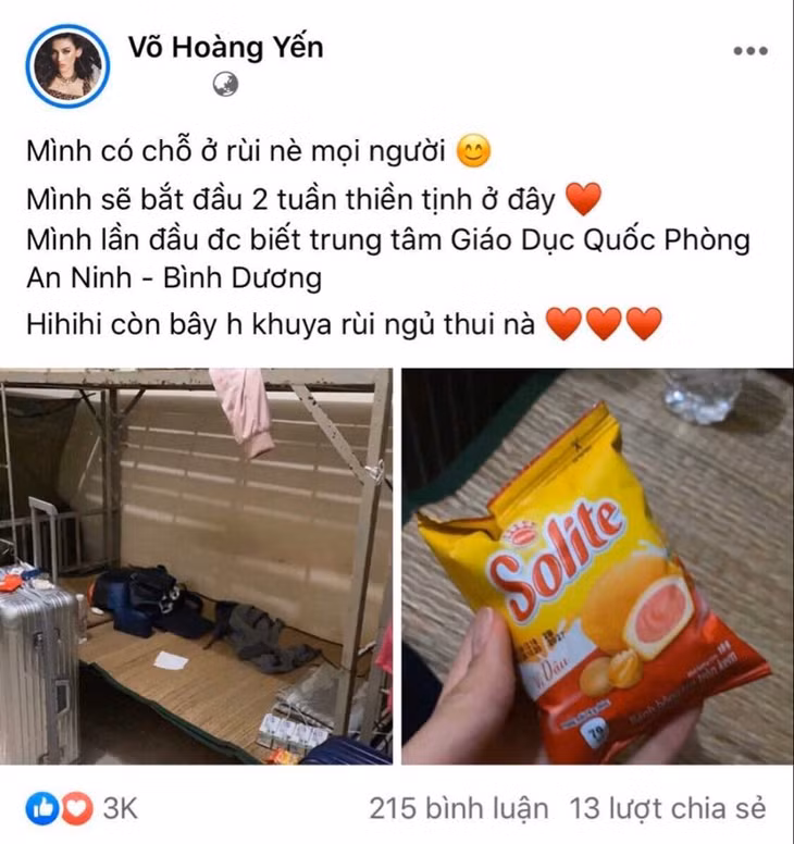 Võ Hoàng Yến đang được cách ly tại Bình Dương. Ảnh chụp màn hình.