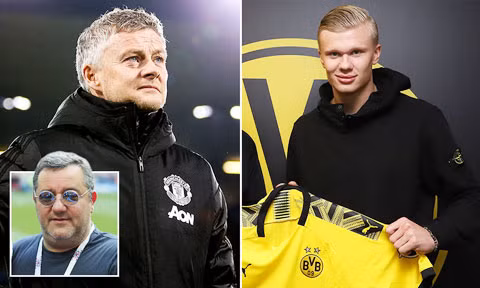 HLV Ole Solskjaer (ảnh trái) nên mừng khi “siêu cò” Mino Raiola (ảnh nhỏ) chọn Dortmund là bến đỗ của Haaland