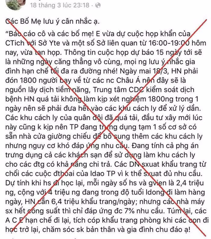 Thông tin sai sự thật đăng tải trên Facebook. Ảnh: Công an Hà Nội.