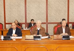Tổng Bí thư, Chủ tịch nước Nguyễn Phú Trọng chủ trì phiên họp của Bộ Chính trị sáng 20/3 về công tác phòng, chống dịch COVID-19. Ảnh: TTXVN