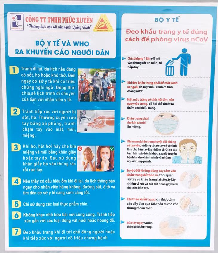 Thông tin về phòng chống Covid - 19 được Công ty TNHH Phúc Xuyên treo, gián tại các bến, bãi, nhà chờ xe, kính xe… nhằm truyền thông tới đông đảo người dân