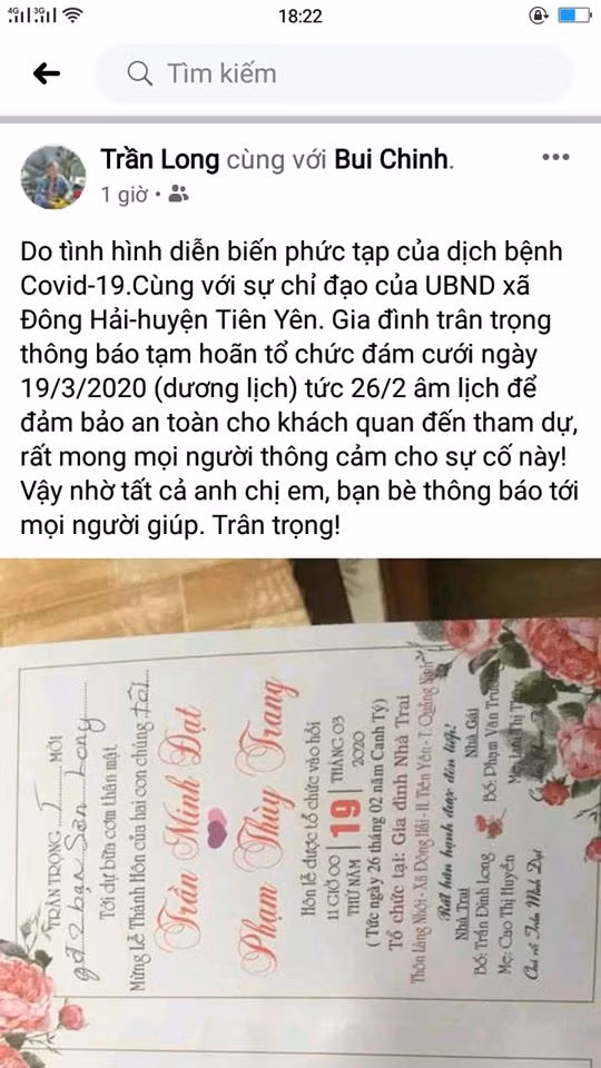 Cặp đôi ở xã Đông Hải (Tiên Yên) hoãn cưới để phòng dịch Covid-19 nhận được sự đồng tình ủng hộ của rất nhiều người dân trên địa bàn.
