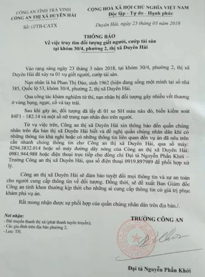 Thông báo của cơ quan Công an.