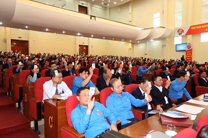 Các đại biểu biểu quyết danh sách đề cử nhân sự tham gia BCH LĐLĐ tỉnh khóa XIII.