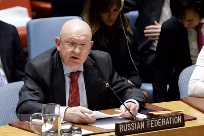Đại sứ Nga tại LHQ Vassily Nebenzia trong phiên họp của Hội đồng Bảo an LHQ ở New York, Mỹ ngày 24/2. (Nguồn: THX/TTXVN)