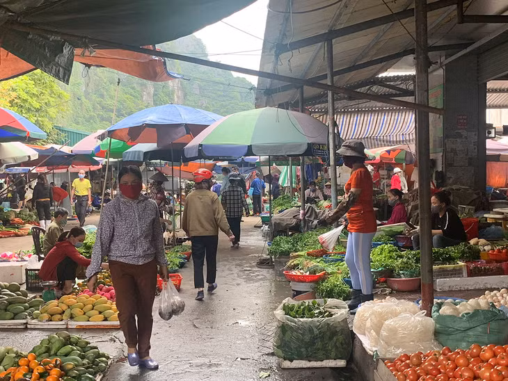Hàng hoa quả, rau tươi bày sát với mặt đất tại chợ Hồng Hà (TP Hạ Long). 
