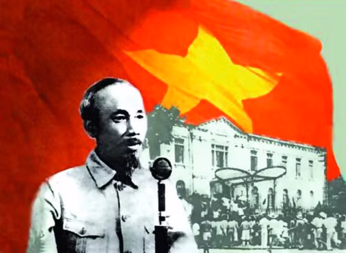Chủ tịch Hồ Chí Minh đọc bản tuyên ngôn độc lập. (Ảnh đồ họa: Quang Huy)