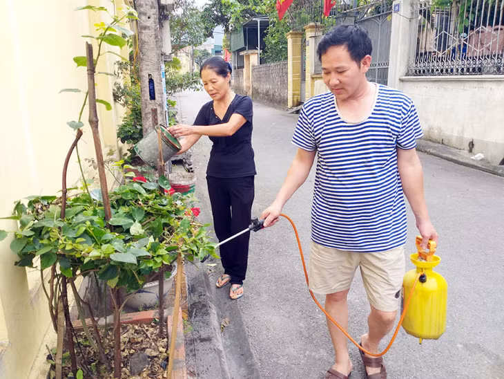 Bà Nguyễn Thị Xuân tham gia chăm sóc tuyến đường hoa ở khu Sơn Thạch do Hội NCT phường phụ trách
