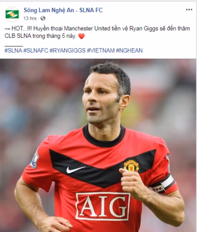  Thông tin Ryan Giggs sẽ sang thăm SLNA được đăng tải trên Fanpage của CLB SLNA.