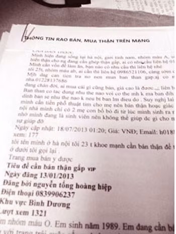 Những thông tin rao bán thận trên mạng Internet.