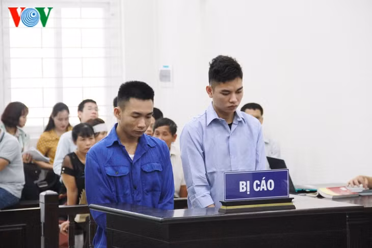 Hai bị cáo Đinh Văn Giáp (trái) và Đinh Văn Trường tại phiên tòa sơ thẩm. (Ảnh: Trọng Phú)