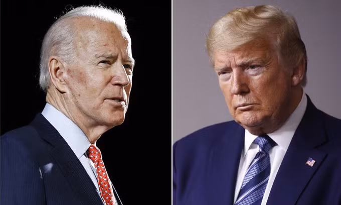 Tổng thống Trump (phải) tại Nhà Trắng hôm 5/4 và Biden, ứng viên tổng thống đảng Dân chủ, tại thành phố Wilmington, bang Delaware hôm 12/3. Ảnh: AP.