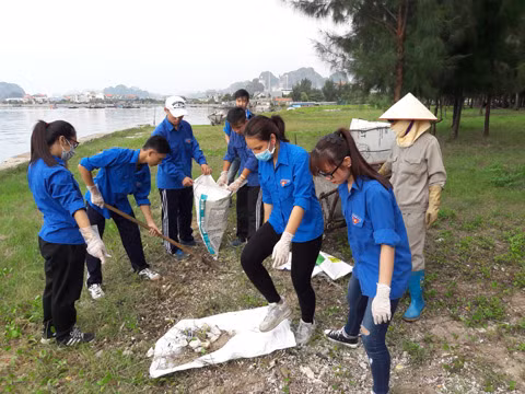 Các đoàn viên thanh niên tiến hành thu dọn rác góp phần làm sạch môi trường biển 