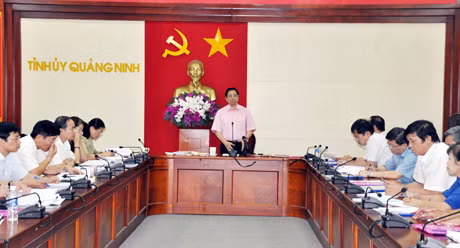 Đồng chí Phạm Minh Chính, Ủy viên Trung ương Đảng, Bí thư Tỉnh ủy phát biểu tại cuộc họp.