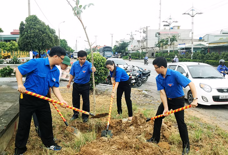 Cán bộ Tỉnh Đoàn và thanh niên TX Đông Triều tham gia trồng cây xanh dọc Quốc lộ 18A.