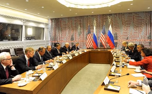 Cuộc hội đàm giữa ông Putin và Obama ngày 28/9. Ảnh: Điện Kremlin