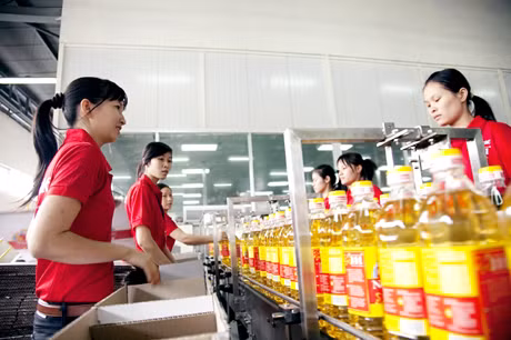 Đóng gói sản phẩm tại Công ty TNHH Dầu thực vật Cái Lân. Ảnh: Đỗ Giang
