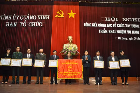 Đồng chí Đỗ Thị Hoàng, Phó Bí thư Thường trực Tỉnh ủy, Trưởng Đoàn ĐBQH tỉnh trao Cờ và Bằng khen của BCH Đảng bộ tỉnh cho những tập thể, cá nhân vì có thành tích xuất sắc trong công tác tổ chức xây dựng Đảng năm 2012
