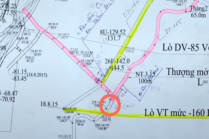 Vòng khoanh đỏ là vị trí phát hiện công nhân Phan Anh Vân ở cuối đường lò mức -165.