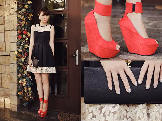 Vẫn là sự kết hợp của những đường ren hoa điệu đà, chiếc váy xòe màu đen này dường như càng trở nên nổi bật và tinh tế hơn. Thêm một đôi sandal da lộn và ví cầm tay da màu đen, bạn hoàn toàn có thể chinh phục được trái tim của bất kì gã si tình nào.