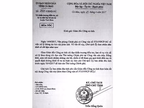 Công văn chỉ đạo Công an Cà Mau điều tra lại vụ bé K. từ UBND tỉnh Cà Mau.