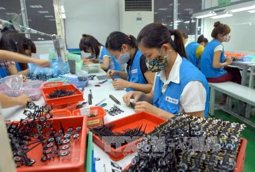 Sản xuất màng chắn và khung loa tai nghe cho điện thoại di động và điện thoại thông minh tại Công ty TNHH NS Tech. Vina, 100% vốn đầu tư của Hàn Quốc, tại Khu công nghiệp Bình Xuyên, huyện Bình Xuyên (Vĩnh Phúc). Ảnh: Danh Lam/TTXVN