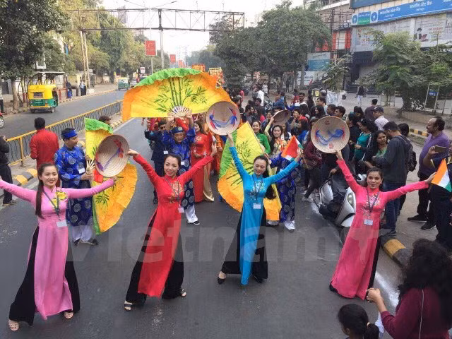 Đoàn Việt Nam diễu hành tại Liên hoan múa. (Ảnh: Minh Luyến/Vietnam+)