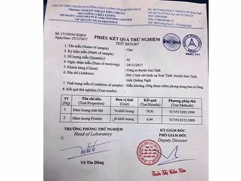 Kết quả thử nghiệm của Trung tâm kỹ thuật tiêu chuẩn đo lường chất lượng Quảng Ngãi.