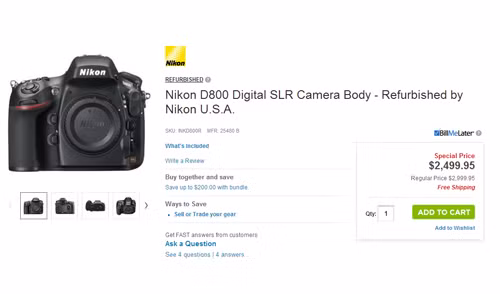 D800 hàng "refurbished" rẻ hơn hàng mới tới 500 USD.
