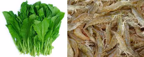 Rau cải xanh và tôm rất thích hợp để nấu cháo thập cẩm.