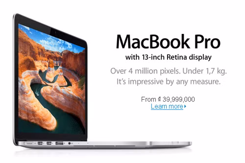 Giá khởi điểm của MacBook Pro Retina 13 inch trên Apple Store Việt Nam là 39,99 triệu đồng.