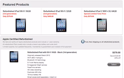 iPad thế hệ 3 xuất hiện trên gian hàng Refurbished của Apple với giá rẻ hơn từ 80 cho tới 150 USD so với giá gốc ban đầu.