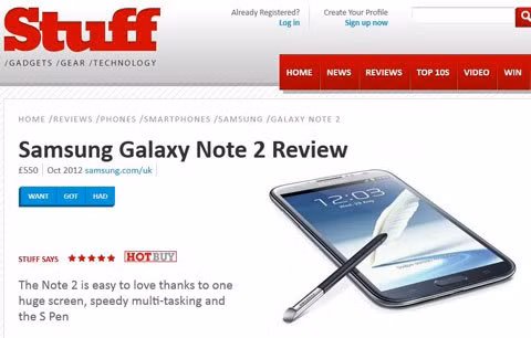 Tạp chí công nghệ Stuff của Anh chấm điểm tuyệt đối cho sản phẩm Galaxy Note II.