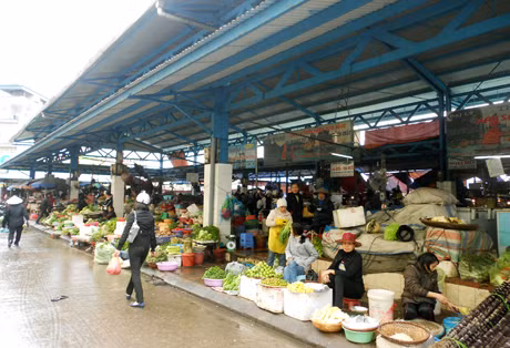 Nguồn cung dồi dào nên rau xanh “hạ nhiệt” lớn nhất trong những ngày gần đây. (Ảnh chụp tại chợ Hạ Long I, TP Hạ Long).