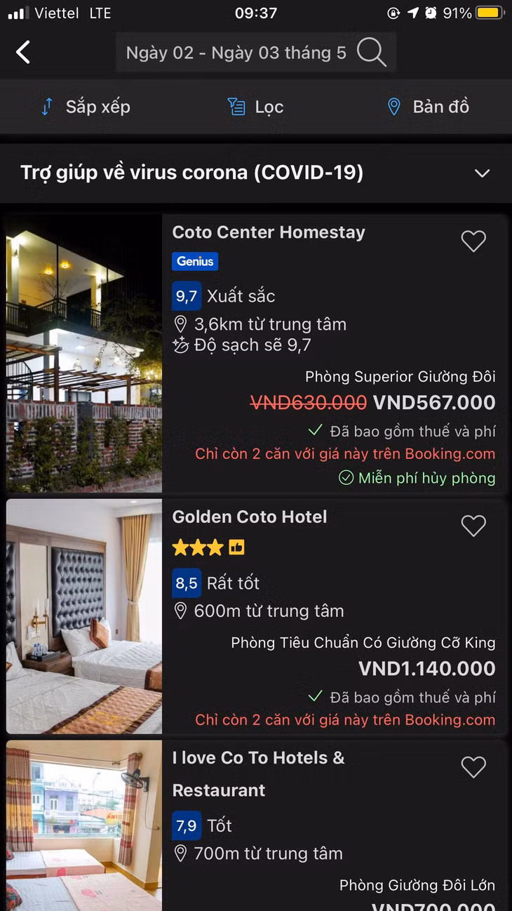 Các cơ sở lưu trú tại Cô Tô thông tin dịch vụ trên ứng dụng đặt phòng khách sạn booking.com